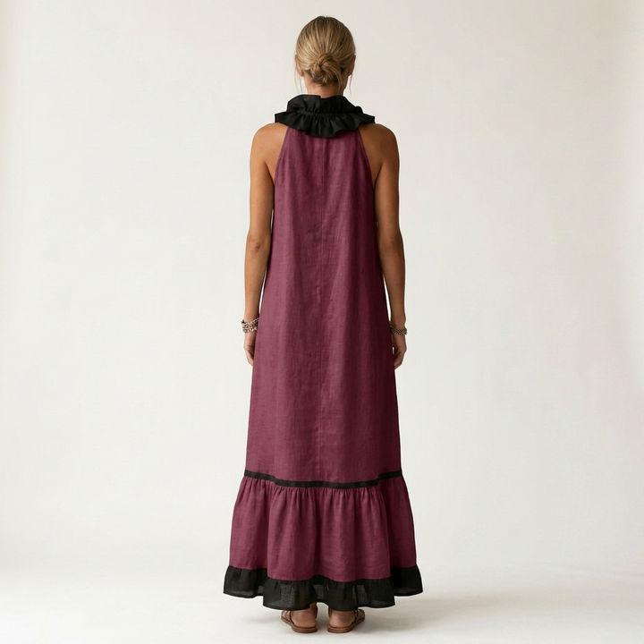 Mayline | Mouwloze Rimpel-Nek Contrast-Trim Maxi Jurk