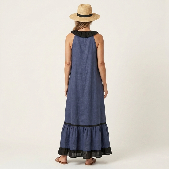 Mayline | Mouwloze Ruffle-Neck Contrast-Trim Maxi Jurk
