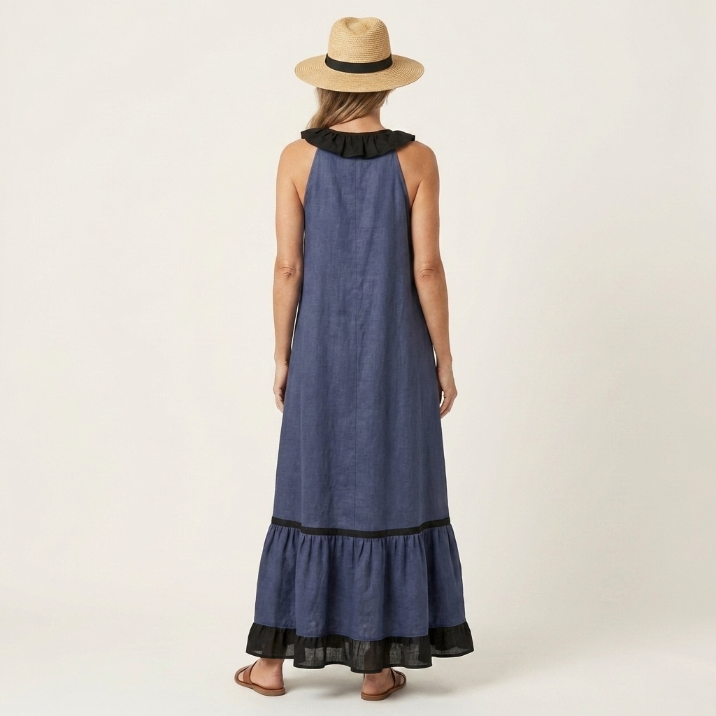 Mayline | Mouwloze Rimpel-Nek Contrast-Trim Maxi Jurk