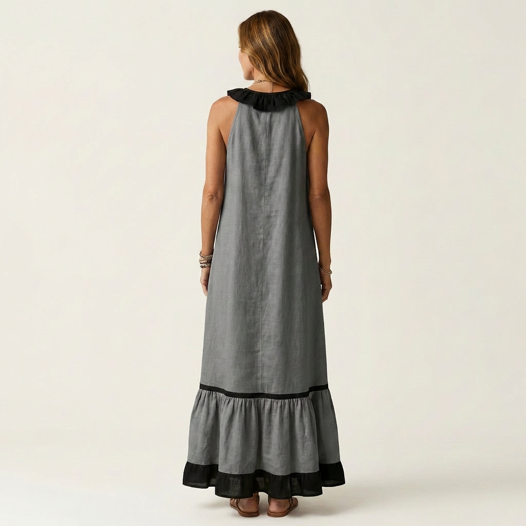 Mayline | Mouwloze Rimpel-Nek Contrast-Trim Maxi Jurk