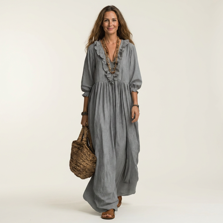 Yosetta | Ruffle V-Hals Gestreepte Lanternmouw Maxi Jurk