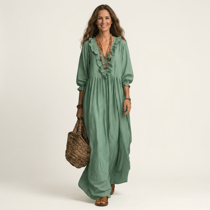 Yosetta | Ruffle V-Hals Gestreepte Lanternmouw Maxi Jurk