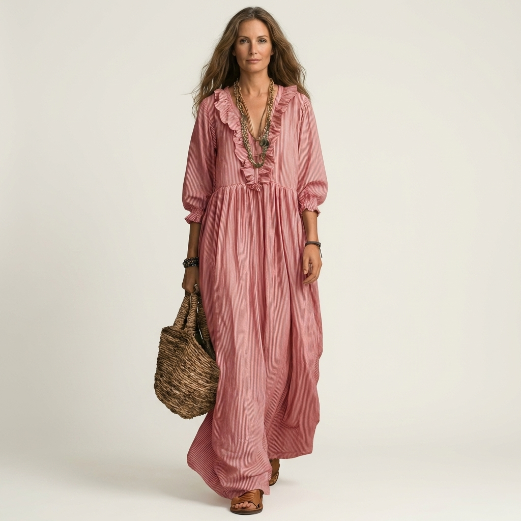 Yosetta | Ruffle V-Hals Gestreepte Lanternmouw Maxi Jurk