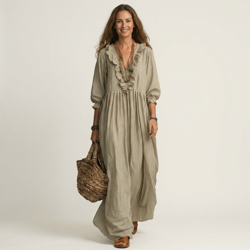 Yosetta | Ruffle V-Hals Gestreepte Lanternmouw Maxi Jurk