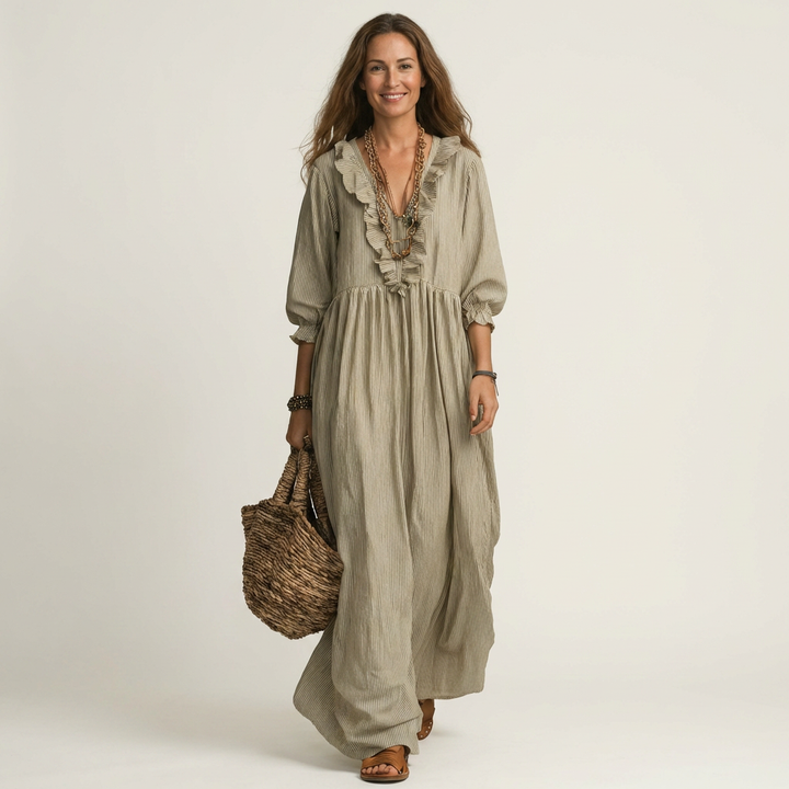 Yosetta | Ruffle V-Hals Gestreepte Lanternmouw Maxi Jurk