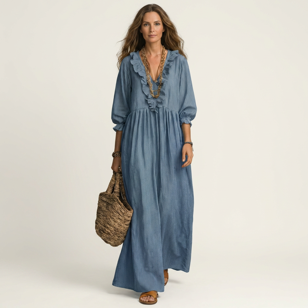 Yosetta | Ruffle V-Hals Gestreepte Lanternmouw Maxi Jurk