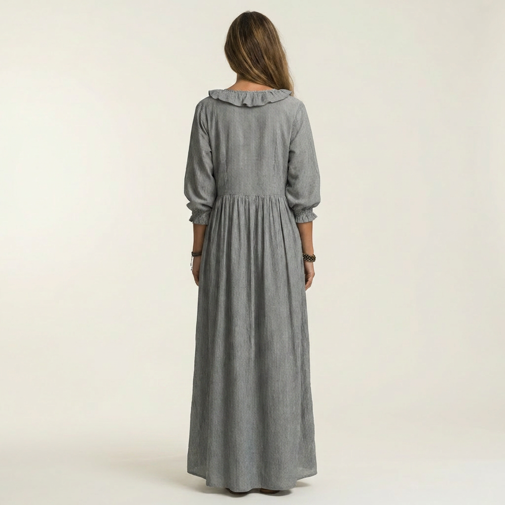 Yosetta | Ruffle V-Hals Gestreepte Lanternmouw Maxi Jurk