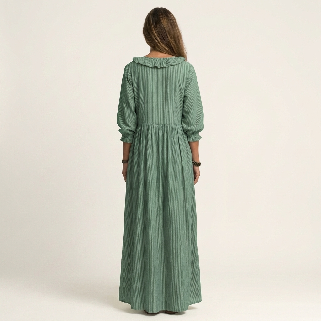 Yosetta | Ruffle V-Hals Gestreepte Lanternmouw Maxi Jurk