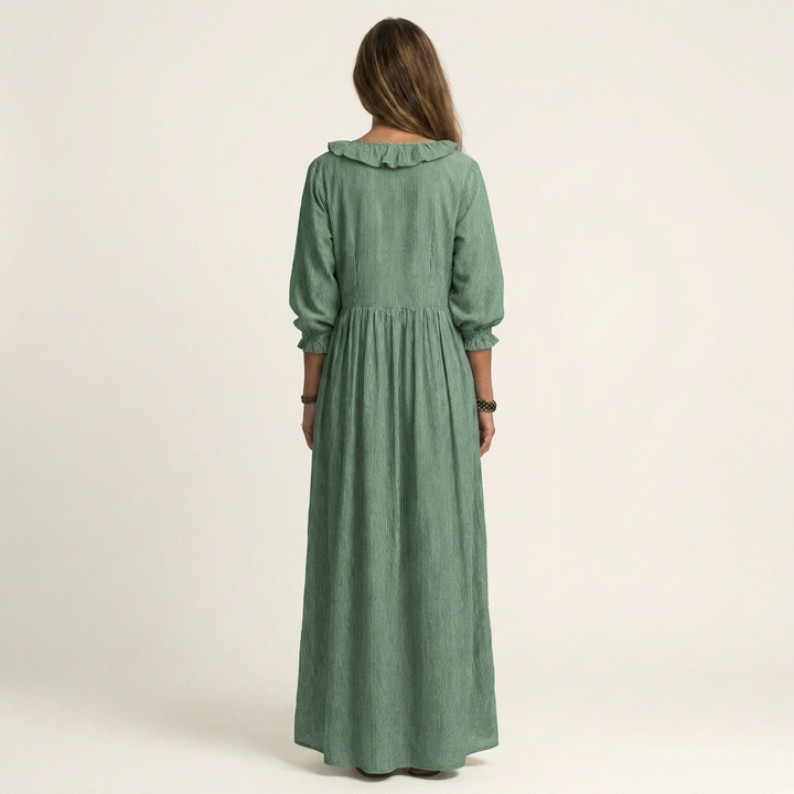 Yosetta | Ruffle V-Hals Gestreepte Lanternmouw Maxi Jurk