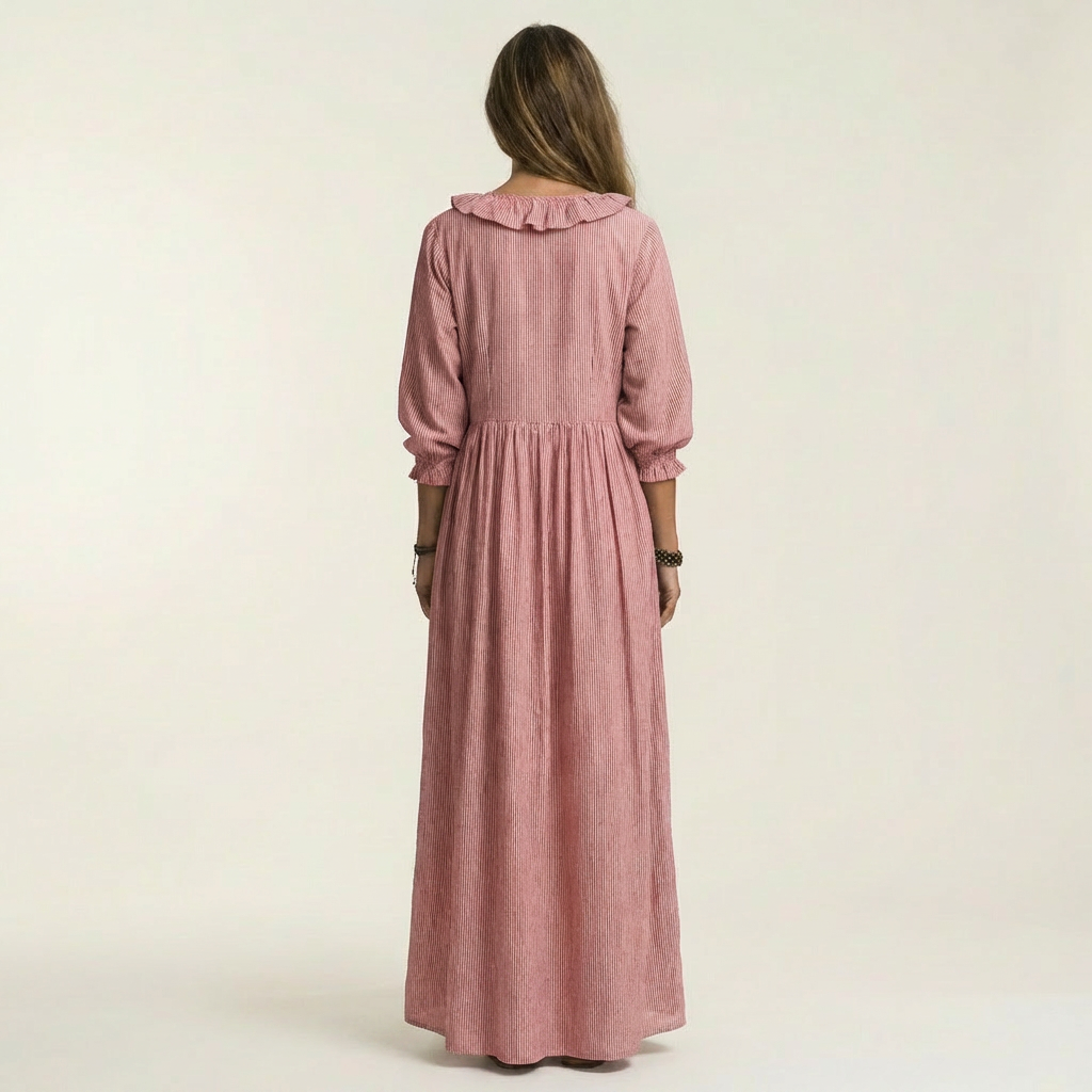 Yosetta | Ruffle V-Hals Gestreepte Lanternmouw Maxi Jurk