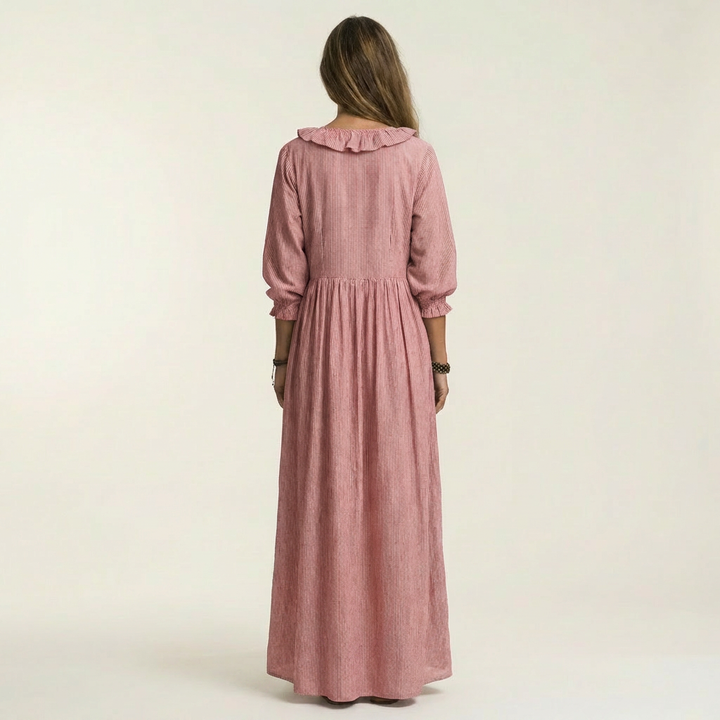Yosetta | Ruffle V-Hals Gestreepte Lanternmouw Maxi Jurk