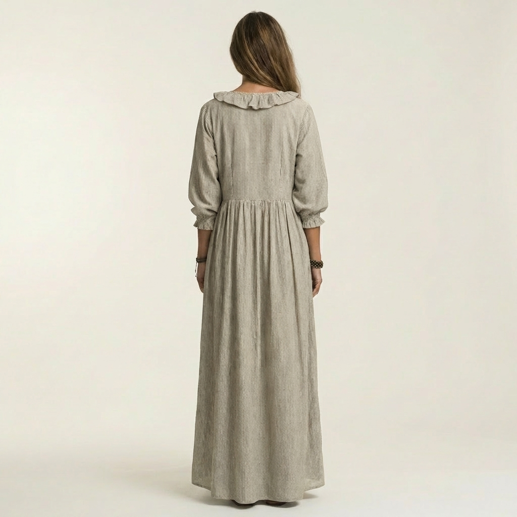 Yosetta | Ruffle V-Hals Gestreepte Lanternmouw Maxi Jurk
