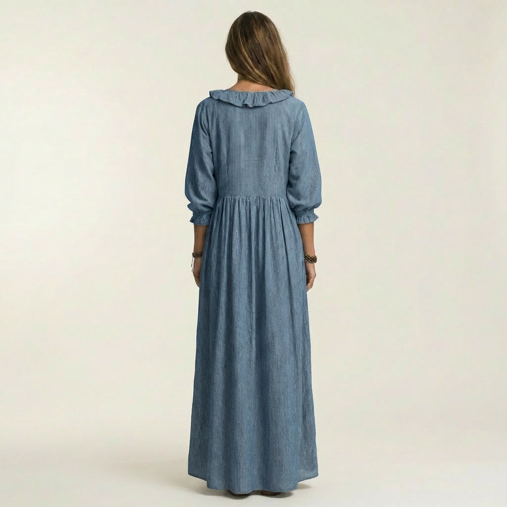 Yosetta | Ruffle V-Hals Gestreepte Lanternmouw Maxi Jurk