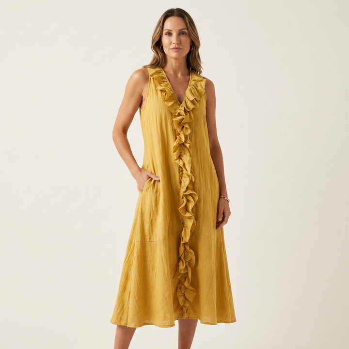 Vicky | Ruffle-Front V-Hals Mouwloze Linnen Maxi Jurk