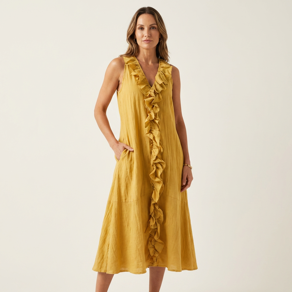 Vicky | Ruffle-Front V-Hals Mouwloze Linnen Maxi Jurk