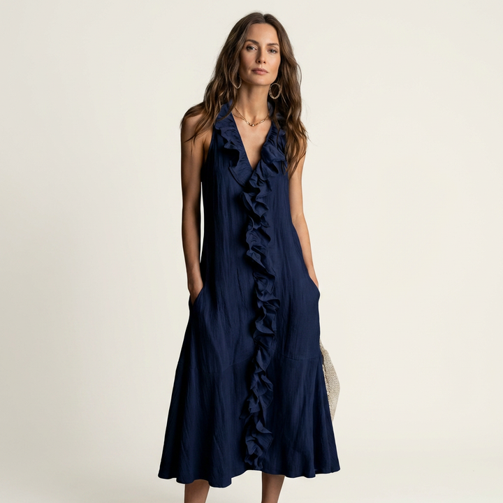 Vicky | Ruffle-Front V-Hals Mouwloze Linnen Maxi Jurk