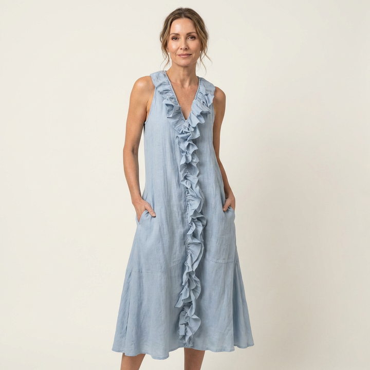 Vicky | Ruffle-Front V-Hals Mouwloze Linnen Maxi Jurk