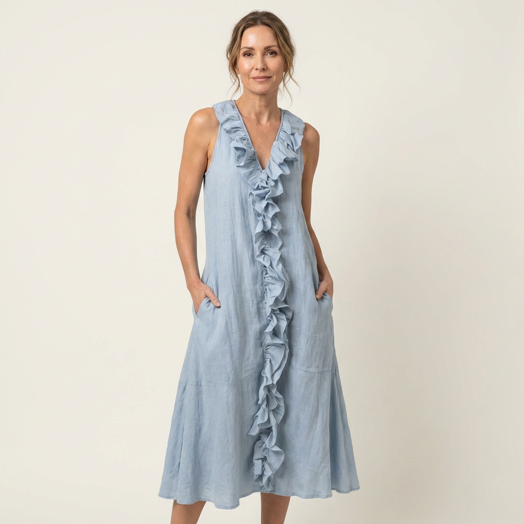 Vicky | Ruffle-Front V-Hals Mouwloze Linnen Maxi Jurk