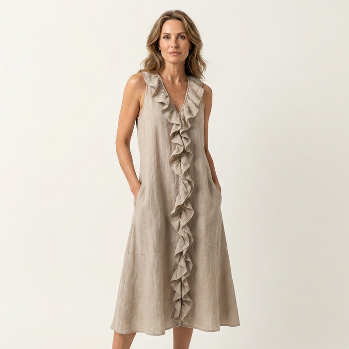 Vicky | Ruffle-Front V-Hals Mouwloze Linnen Maxi Jurk