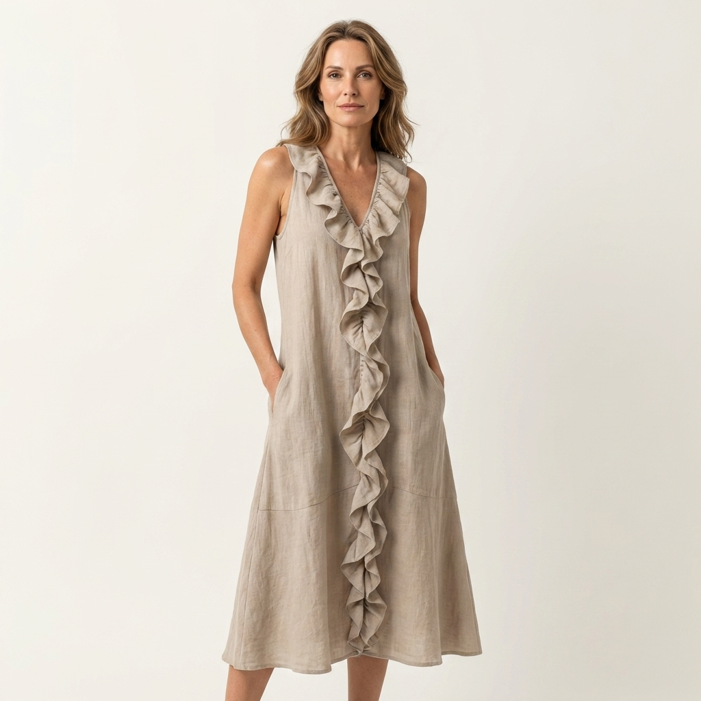 Vicky | Ruffle-Front V-Hals Mouwloze Linnen Maxi Jurk