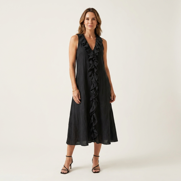 Vicky | Ruffle-Front V-Hals Mouwloze Linnen Maxi Jurk