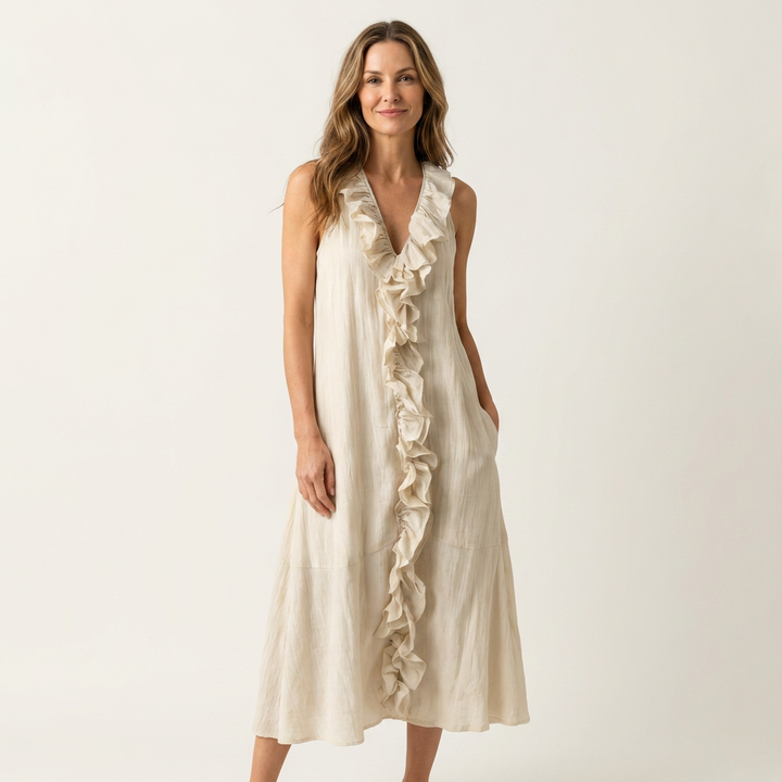 Vicky | Ruffle-Front V-Hals Mouwloze Linnen Maxi Jurk