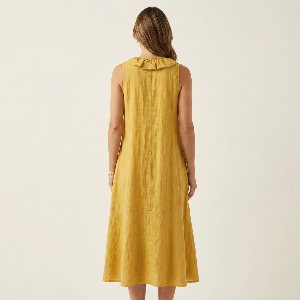 Vicky | Ruffle-Front V-Hals Mouwloze Linnen Maxi Jurk