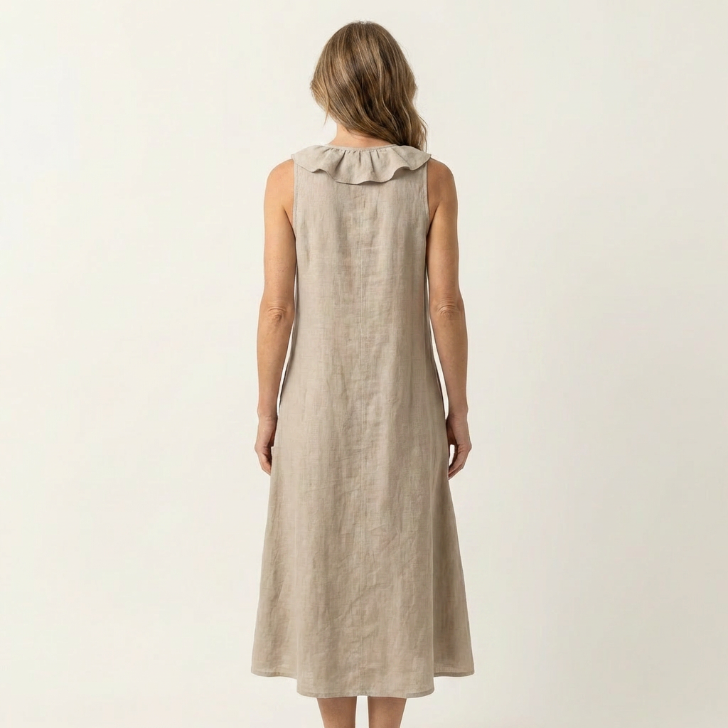 Vicky | Ruffle-Front V-Hals Mouwloze Linnen Maxi Jurk