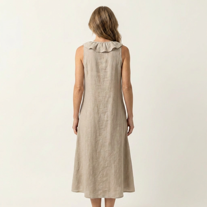 Vicky | Ruffle-Front V-Hals Mouwloze Linnen Maxi Jurk