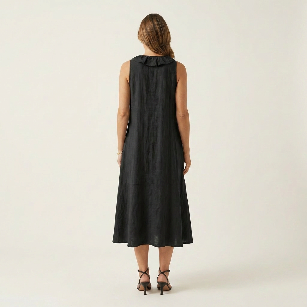 Vicky | Ruffle-Front V-Hals Mouwloze Linnen Maxi Jurk