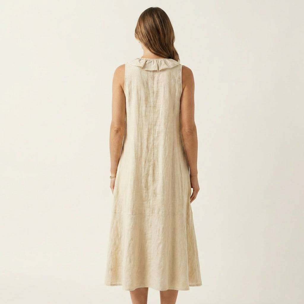 Vicky | Ruffle-Front V-Hals Mouwloze Linnen Maxi Jurk