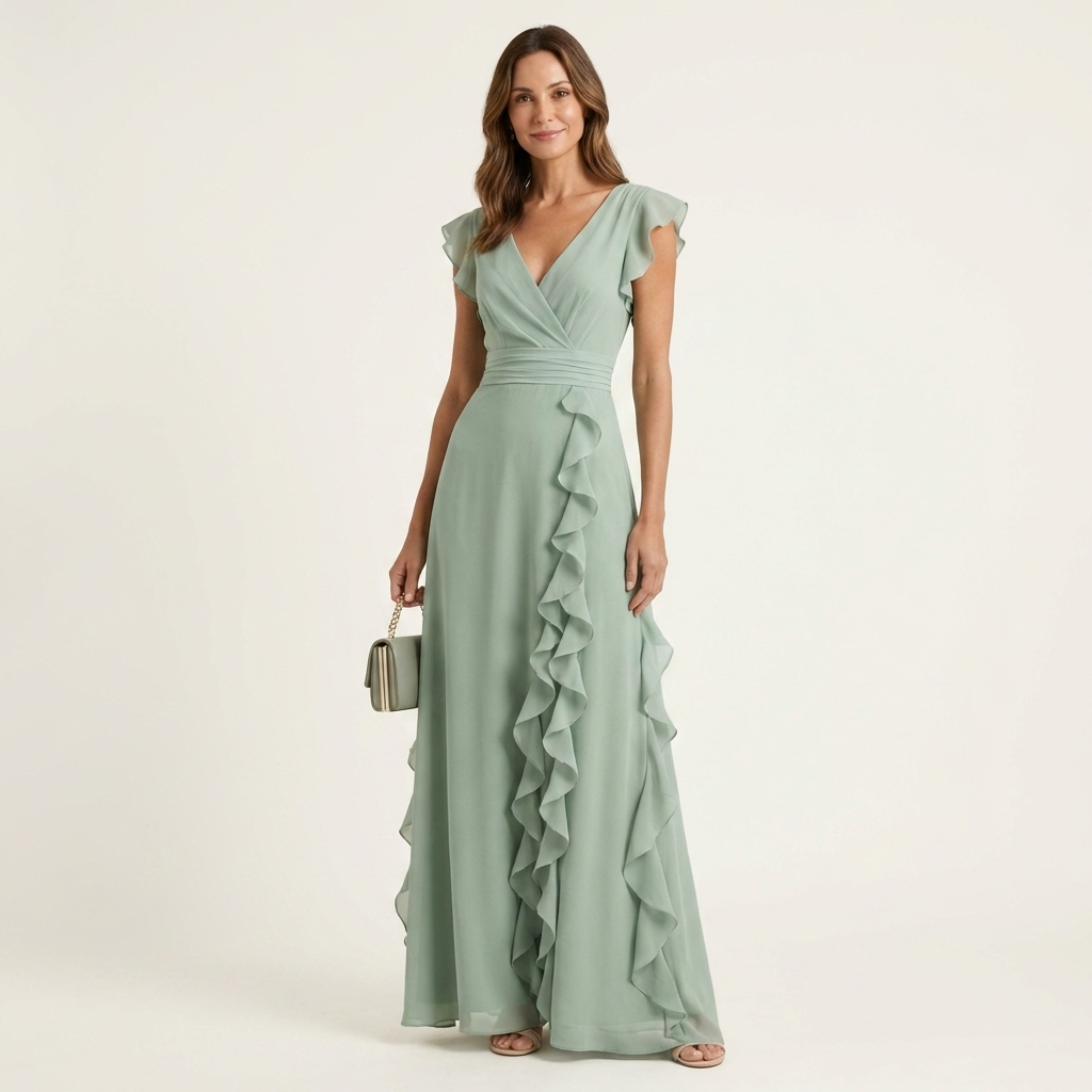 Nellyana | Wrap-Stijl V-Hals Flutter-Mouwen Cascading Ruffle Maxi Jurk