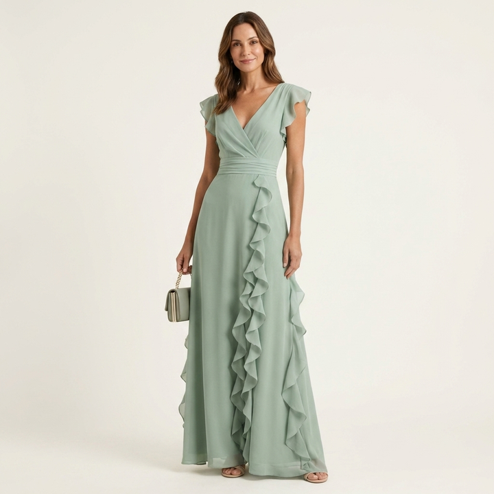 Nellyana | Wrap-Stijl V-Hals Flutter-Mouwen Cascaderende Rimpel Maxi Jurk