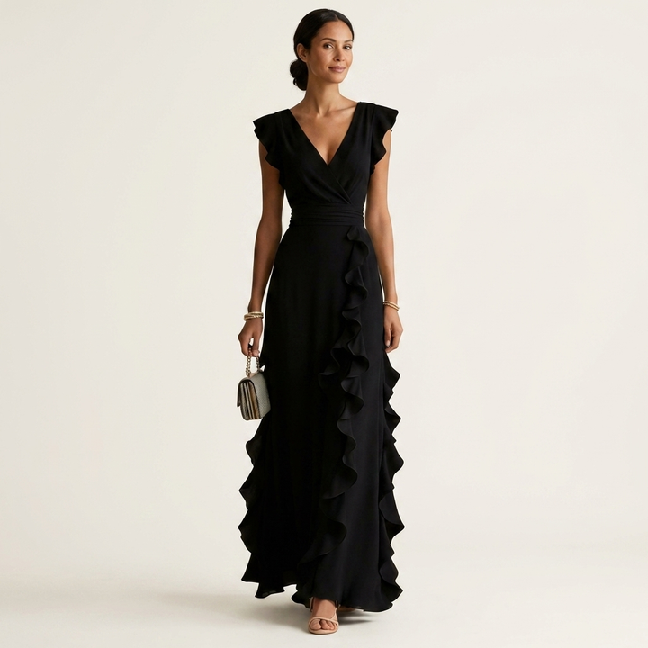 Nellyana | Wrap-Stijl V-Hals Flutter-Mouwen Cascading Ruffle Maxi Jurk