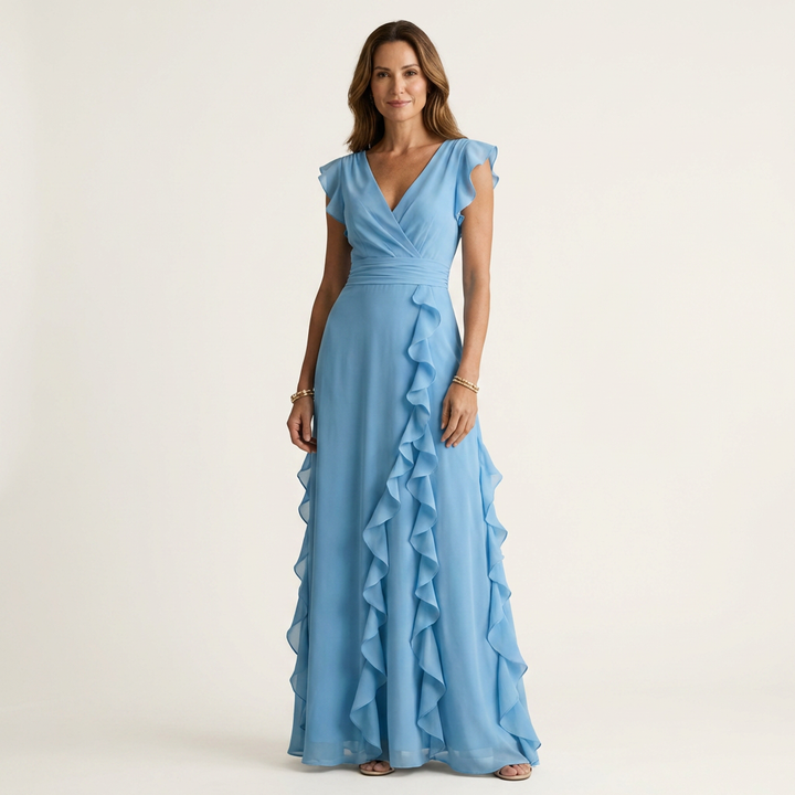 Nellyana | Wrap-Stijl V-Hals Flutter-Mouwen Cascading Ruffle Maxi Jurk