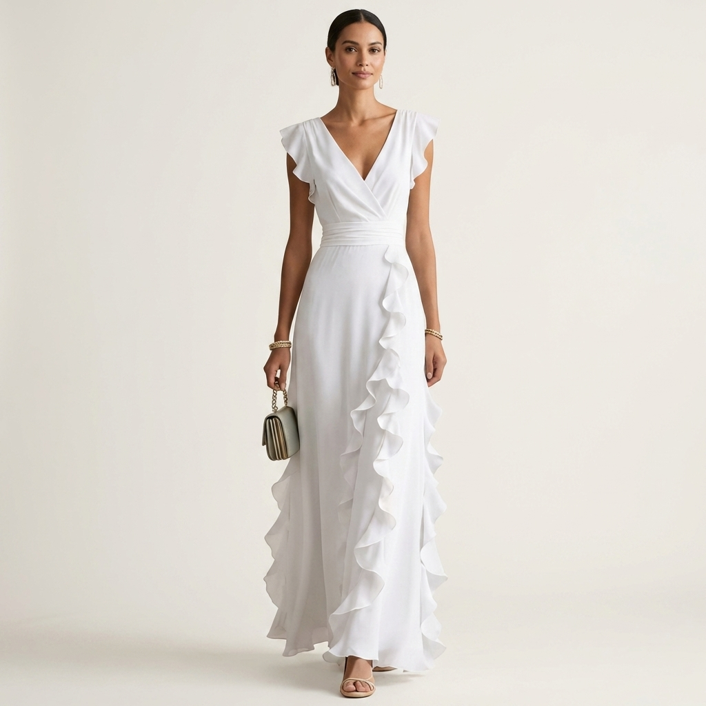 Nellyana | Wrap-Stijl V-Hals Flutter-Mouwen Cascaderende Rimpel Maxi Jurk