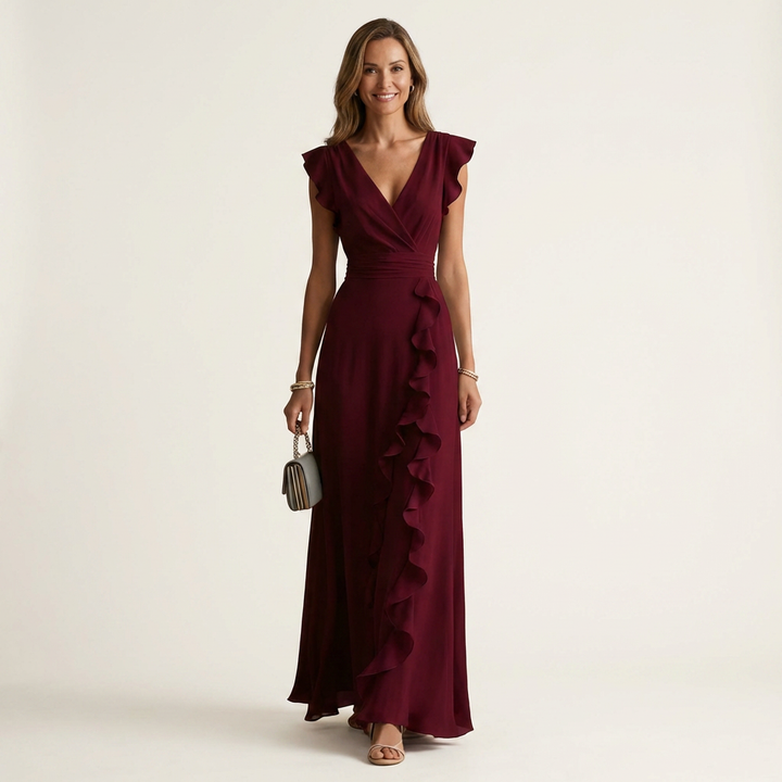 Nellyana | Wrap-Stijl V-Hals Flutter-Mouwen Cascading Ruffle Maxi Jurk