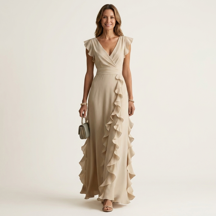Nellyana | Wrap-Stijl V-Hals Flutter-Mouwen Cascaderende Rimpel Maxi Jurk