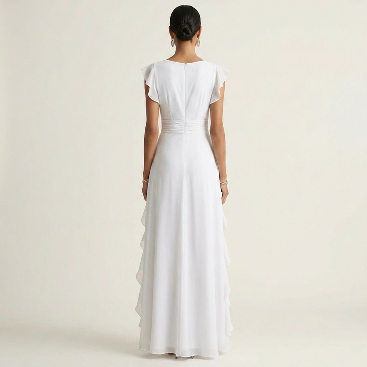 Nellyana | Wrap-Stijl V-Hals Flutter-Mouwen Cascading Ruffle Maxi Jurk