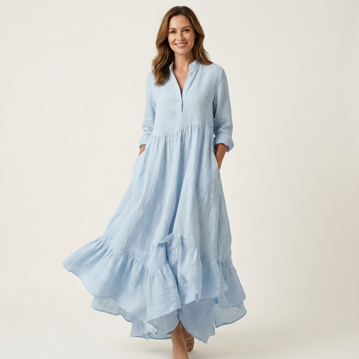 Jilana | Kraag met Staande Kragen Knop-Front Ruffle Hem Maxi Jurk