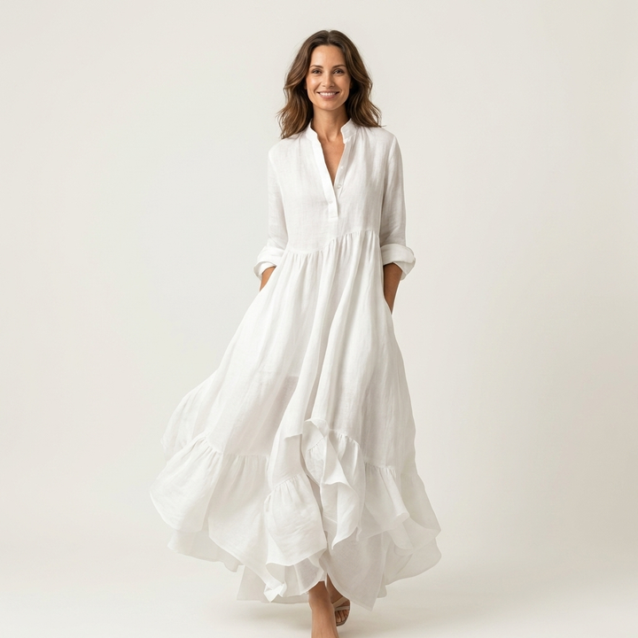 Jilana | Maxi-jurk met Staande Kraag en Knopenfront met Rimpelzoom