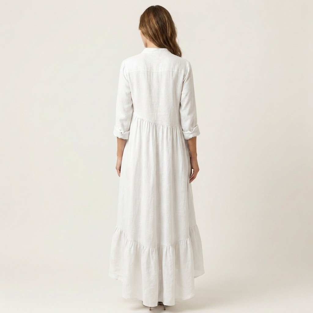 Jilana | Maxi-jurk met Staande Kraag en Knopenfront met Rimpelzoom