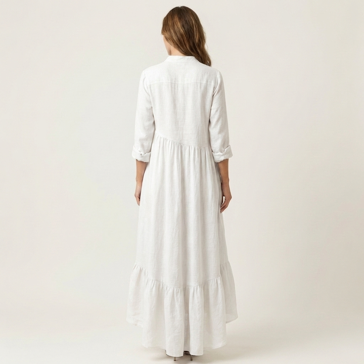 Jilana | Maxi-jurk met Staande Kraag en Knopenfront met Rimpelzoom