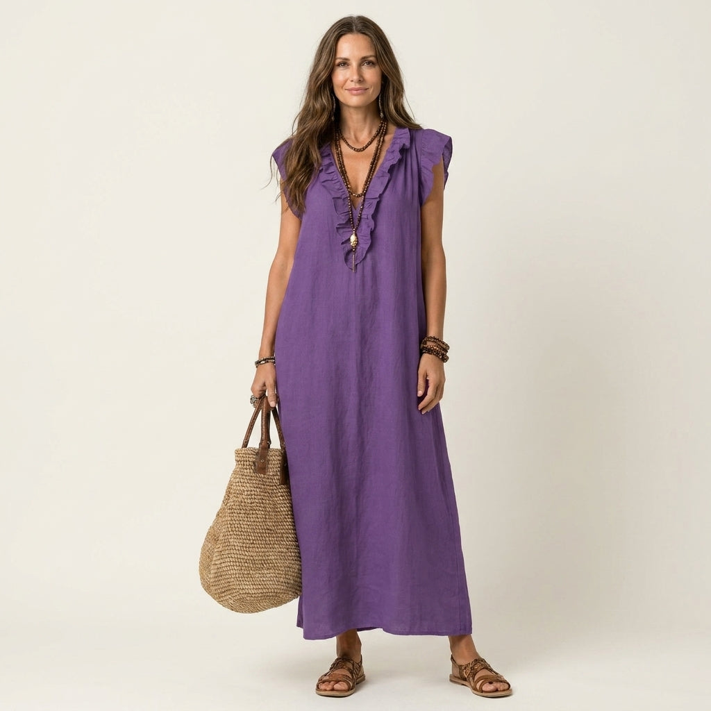 Josette | Ruffle V-Hals Linnen Maxi Jurk