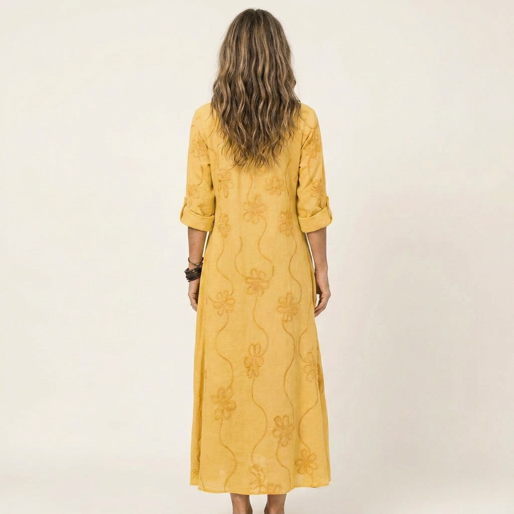 Mariam | Katoen-Linnen Maxi Jurk met Tonale Bloem Borduursels