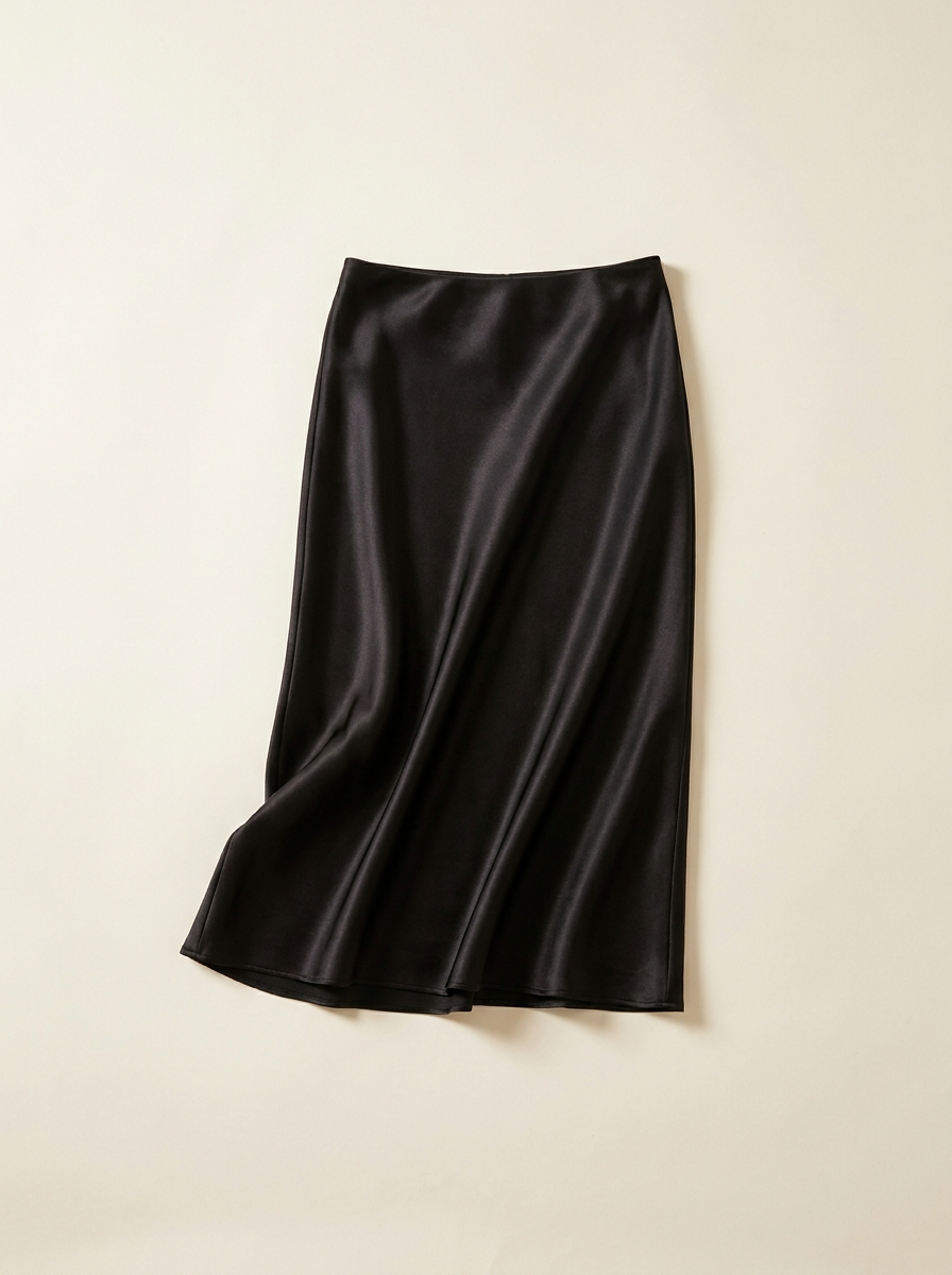 Black satin midi slip skirt