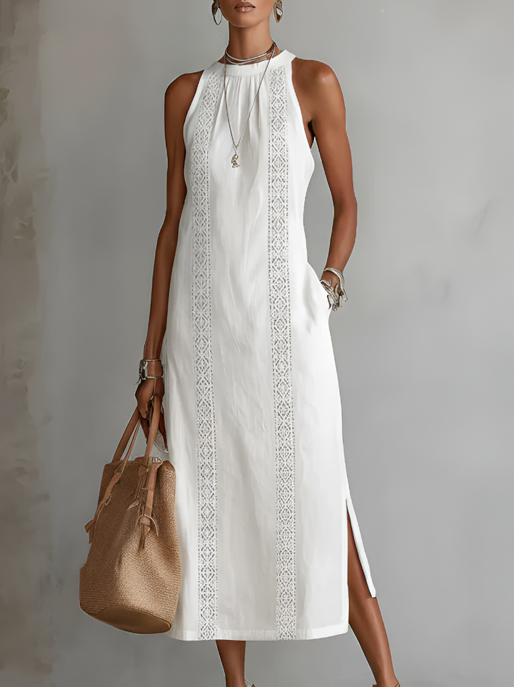 Jimena | Ontspannen Geborduurde Mandarin Collar Midi Jurk