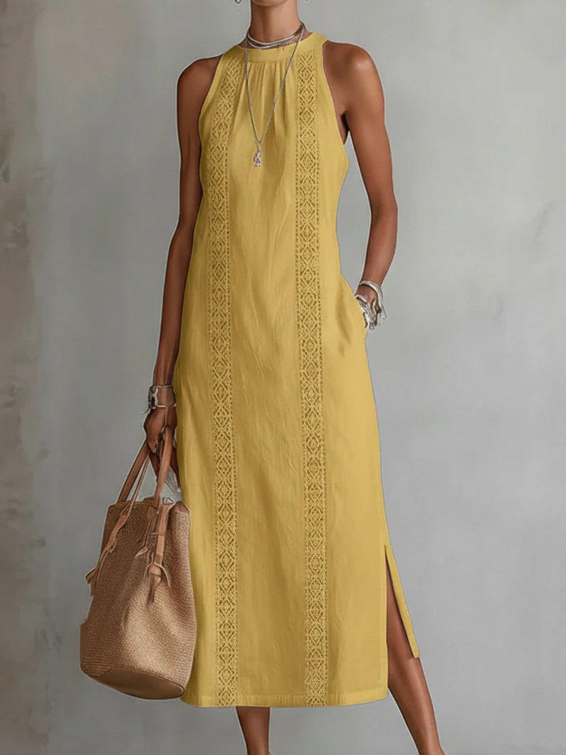 Jimena | Ontspannen Geborduurde Mandarin Collar Midi Jurk