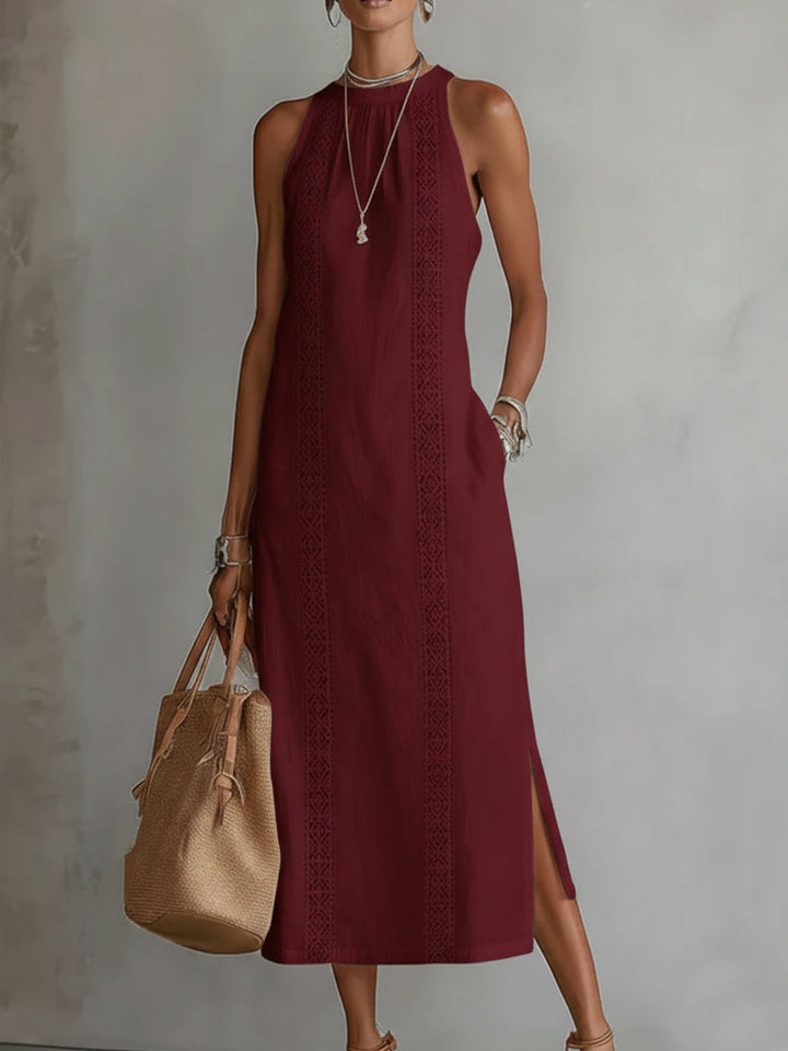 Jimena | Ontspannen Geborduurde Mandarin Collar Midi Jurk
