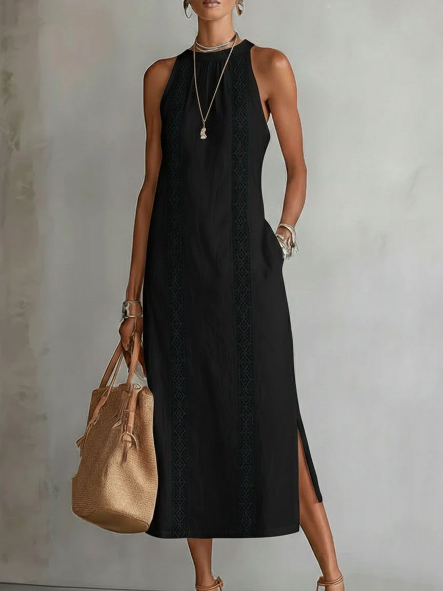 Jimena | Ontspannen Geborduurde Mandarin Collar Midi Jurk